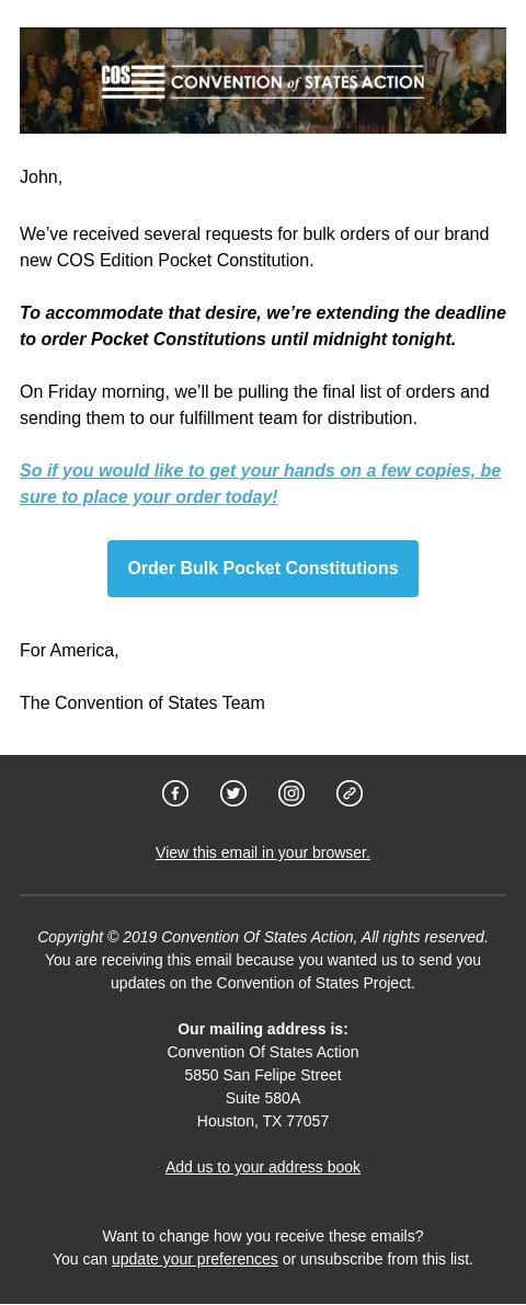 Screenshot of the email generated on import