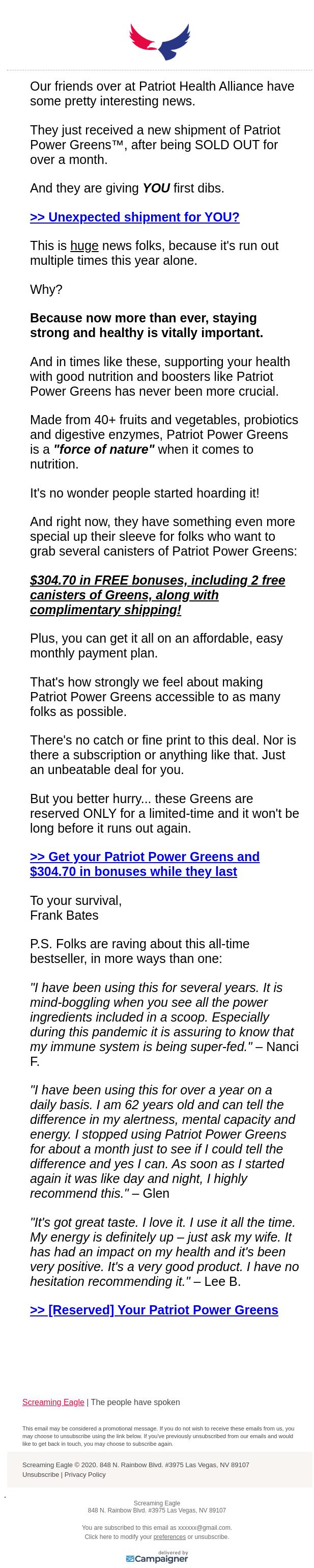 Screenshot of the email generated on import
