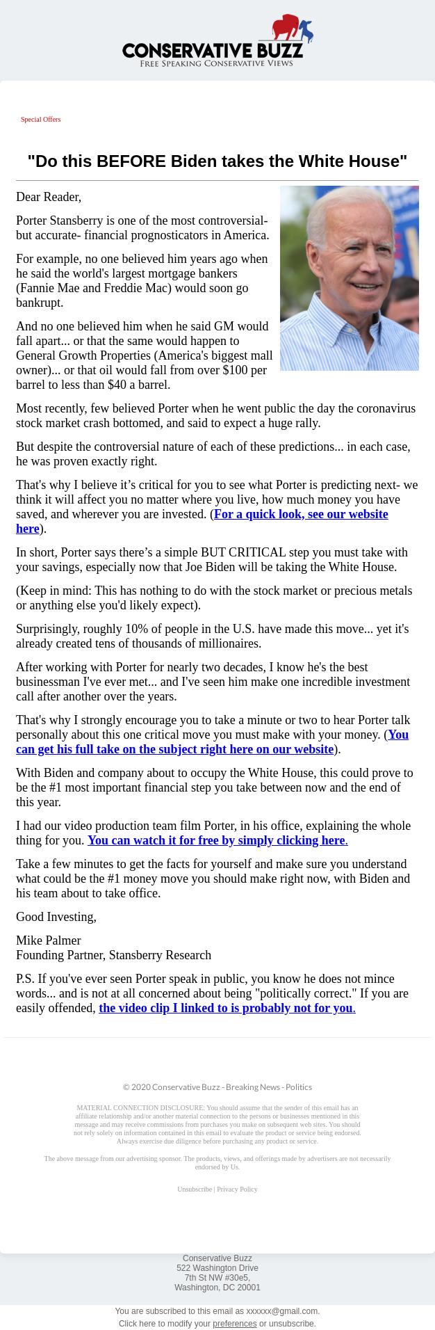 Screenshot of the email generated on import