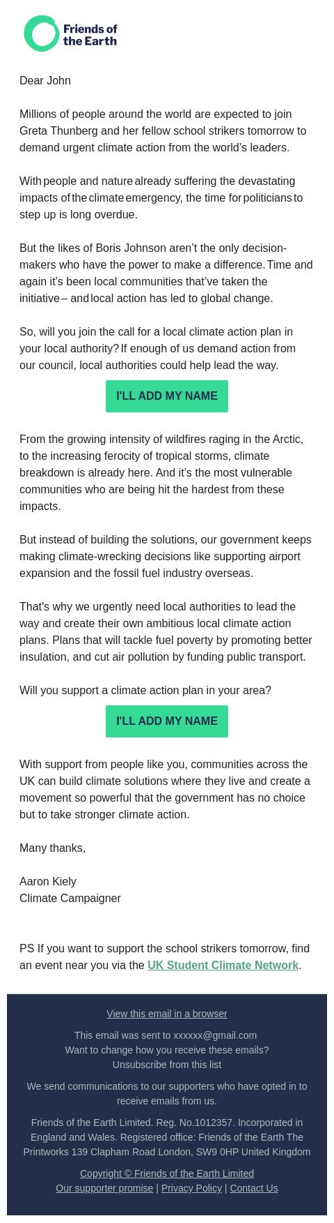 Screenshot of the email generated on import