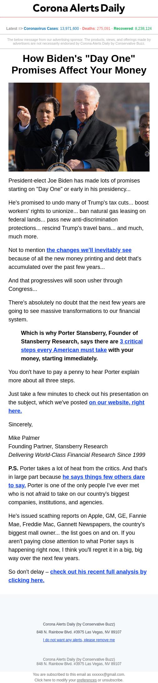 Screenshot of the email generated on import