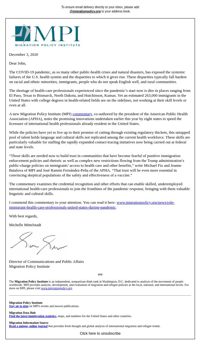 Screenshot of the email generated on import