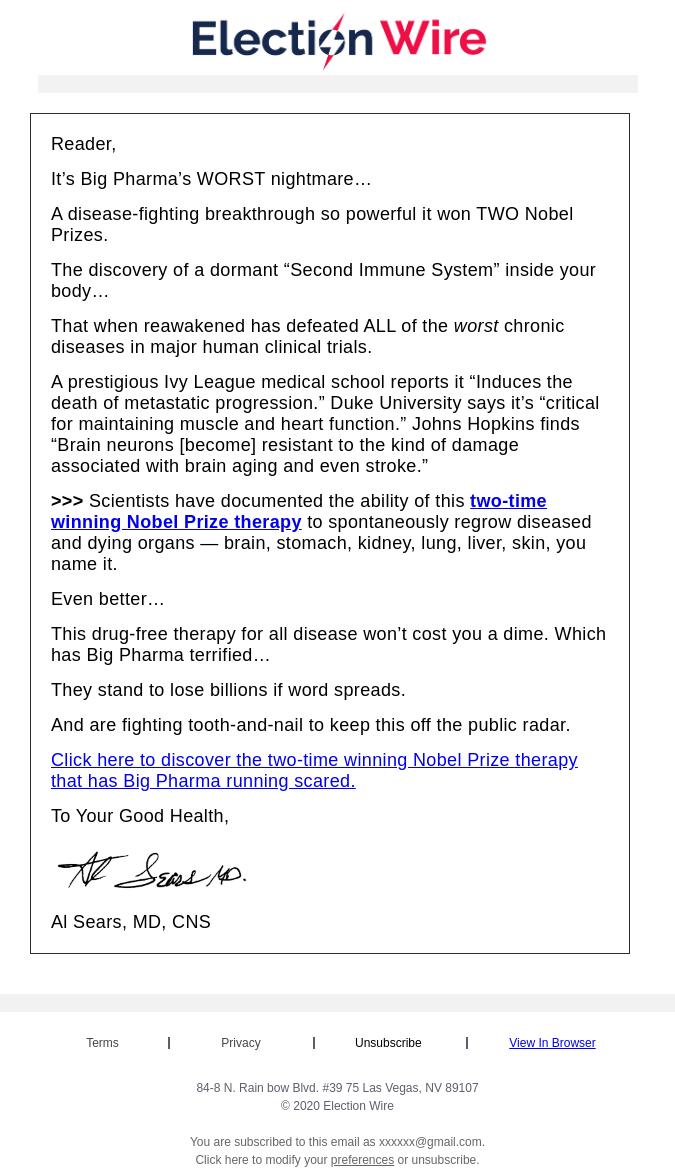 Screenshot of the email generated on import