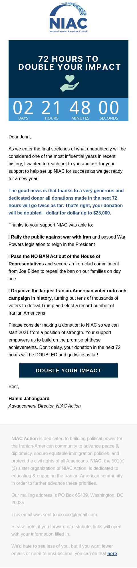 Screenshot of the email generated on import