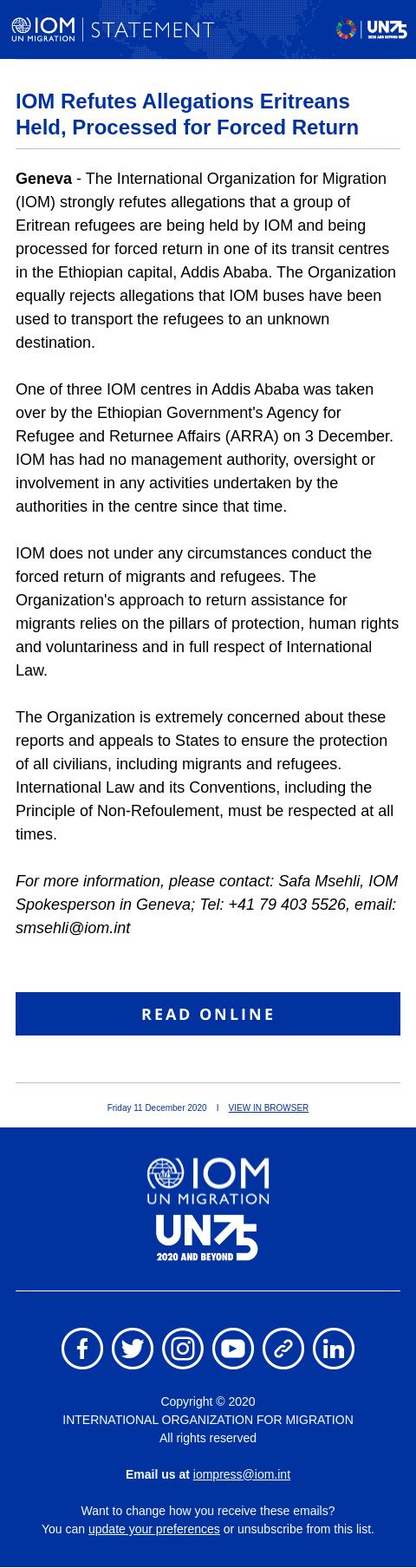 Screenshot of the email generated on import