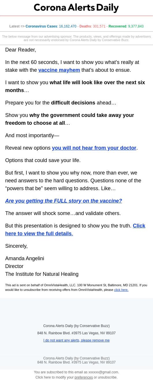 Screenshot of the email generated on import