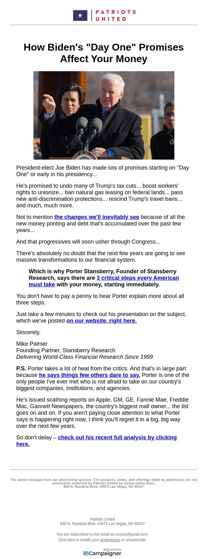 Screenshot of the email generated on import