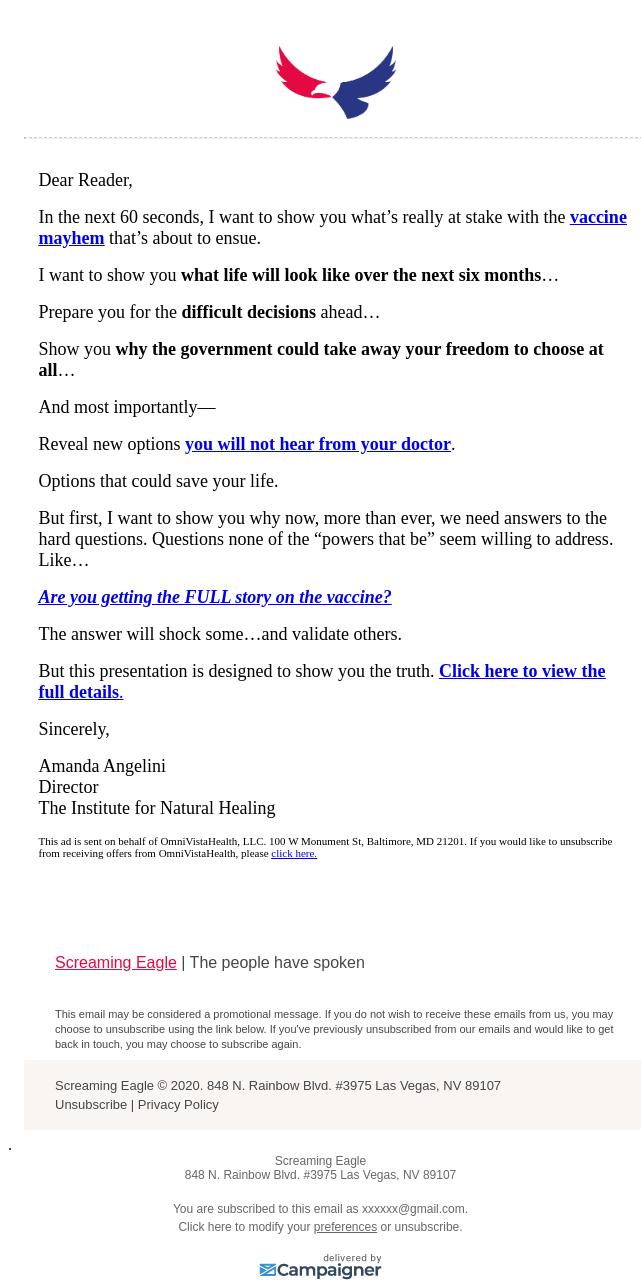 Screenshot of the email generated on import