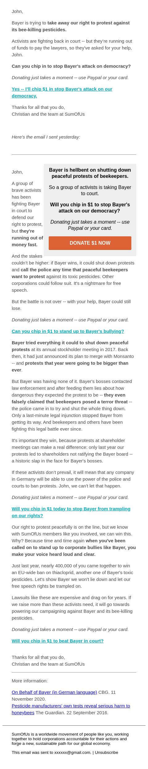 Screenshot of the email generated on import