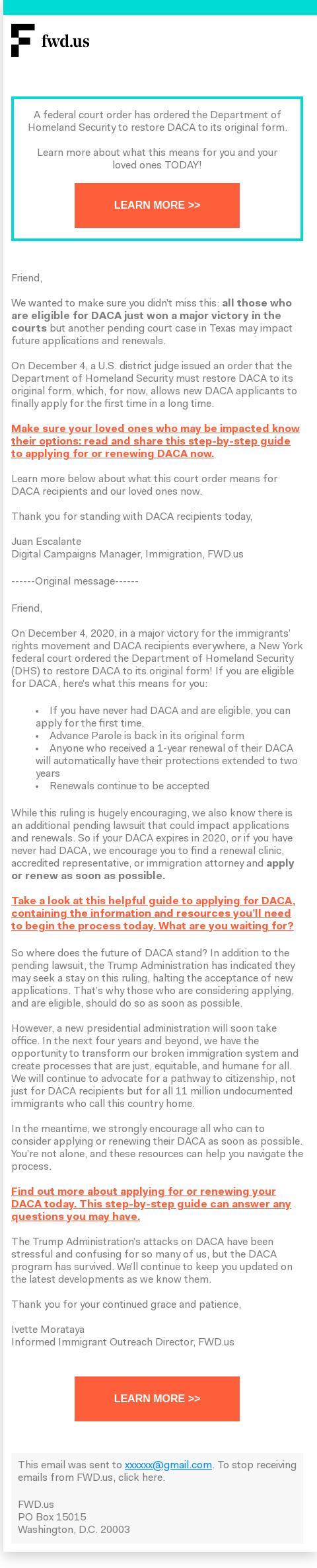 Screenshot of the email generated on import