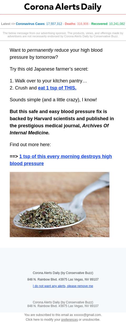 Screenshot of the email generated on import