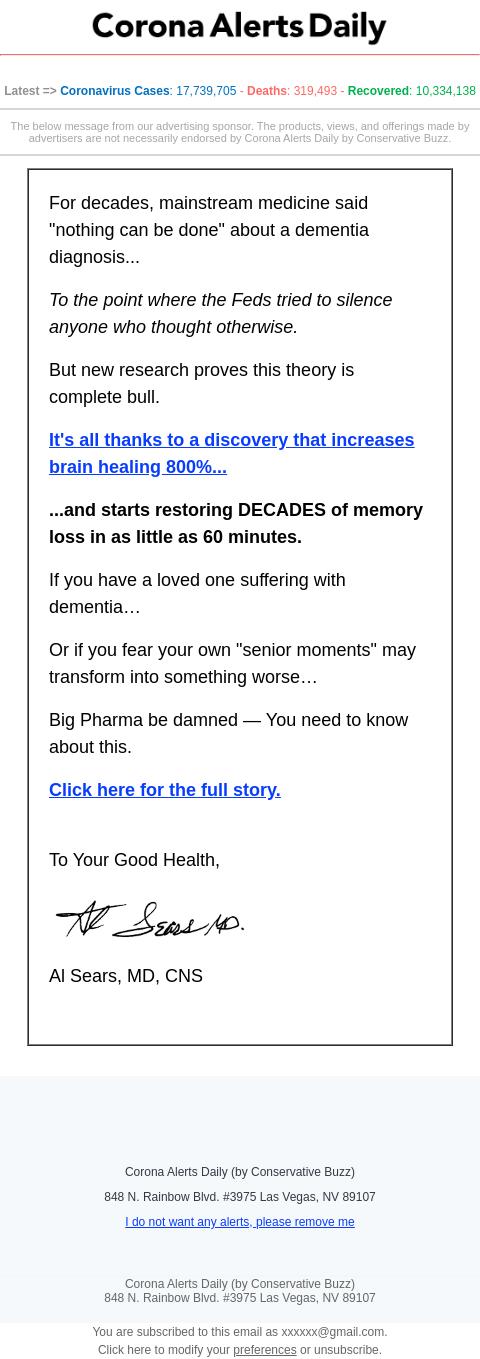 Screenshot of the email generated on import