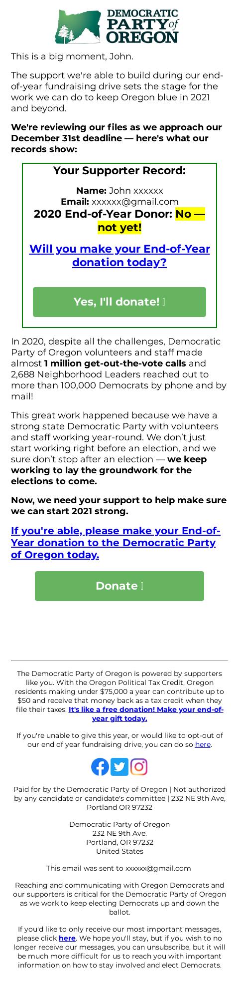 Screenshot of the email generated on import