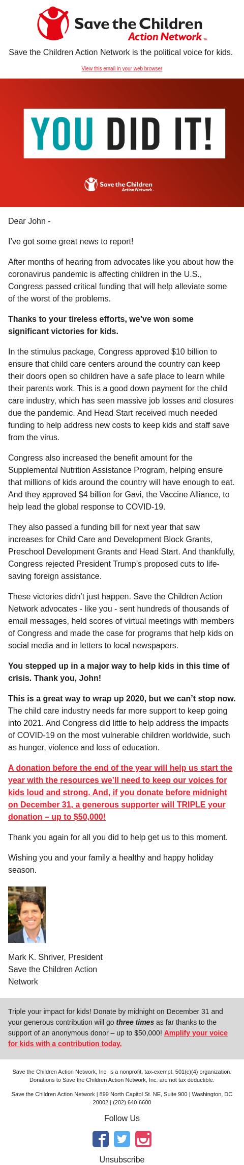 Screenshot of the email generated on import