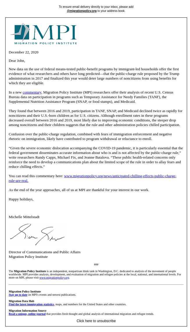 Screenshot of the email generated on import