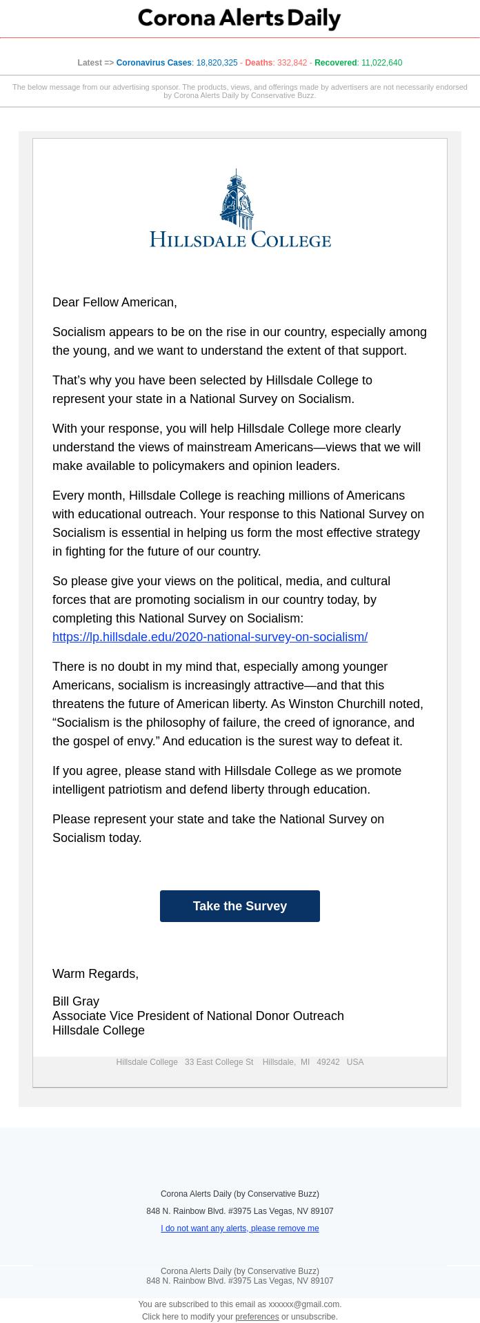 Screenshot of the email generated on import