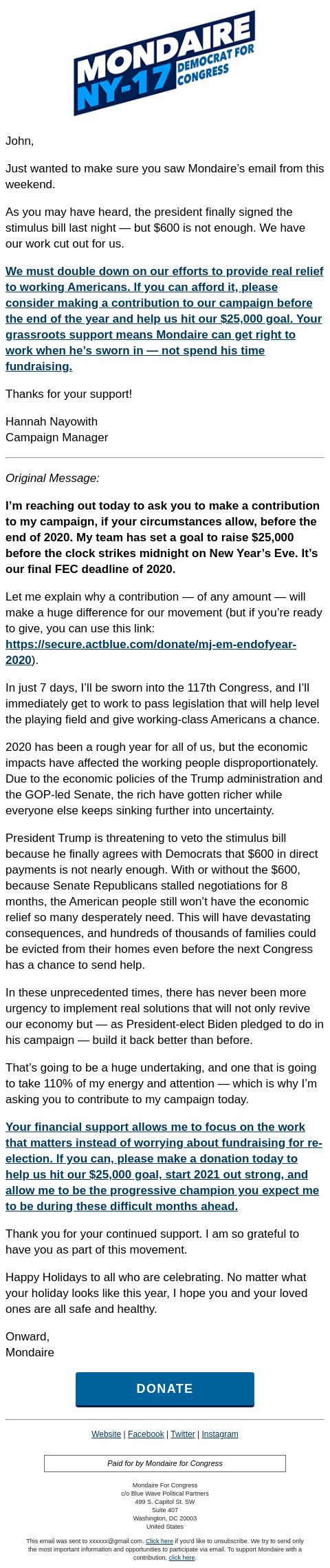 Screenshot of the email generated on import