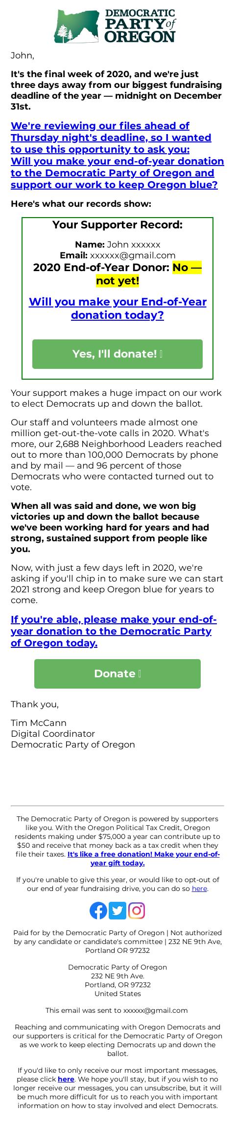 Screenshot of the email generated on import