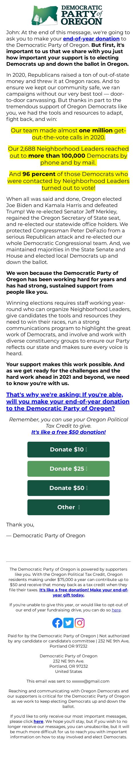 Screenshot of the email generated on import