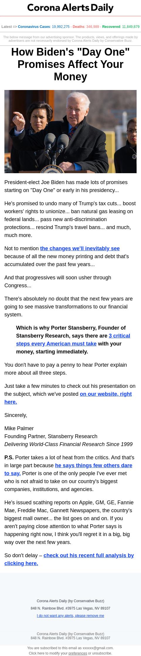 Screenshot of the email generated on import