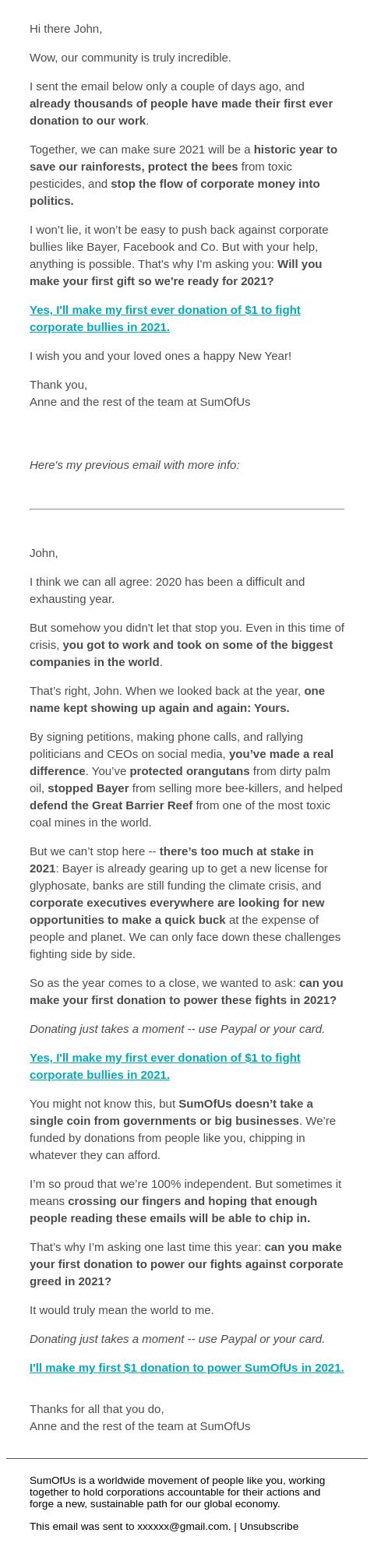 Screenshot of the email generated on import