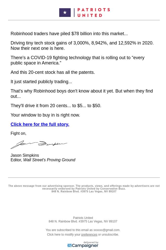Screenshot of the email generated on import