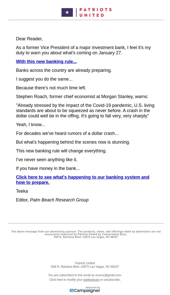 Screenshot of the email generated on import