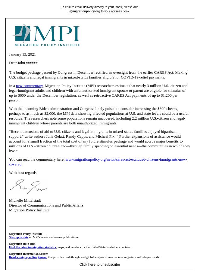 Screenshot of the email generated on import
