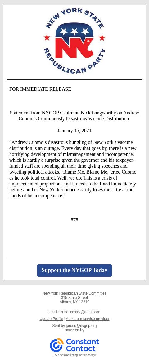 Screenshot of the email generated on import