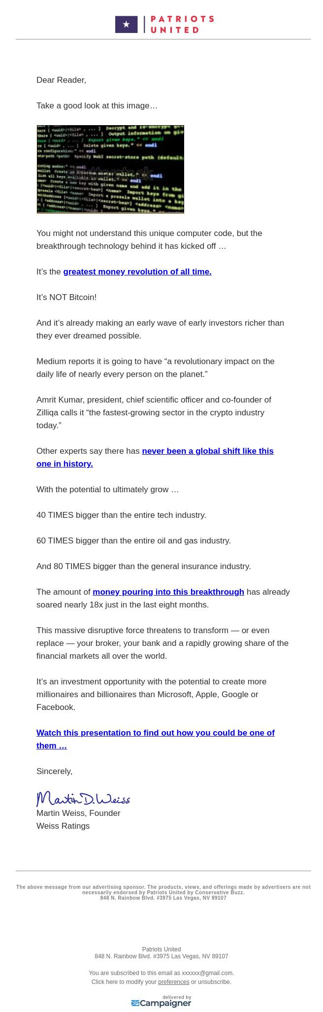 Screenshot of the email generated on import