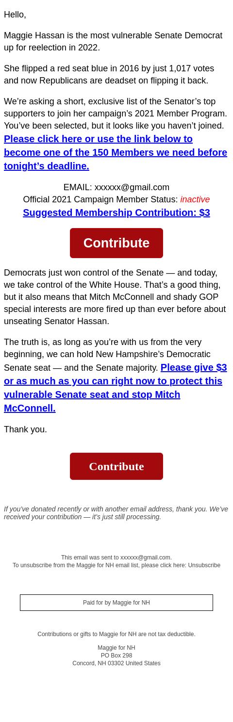 Screenshot of the email generated on import