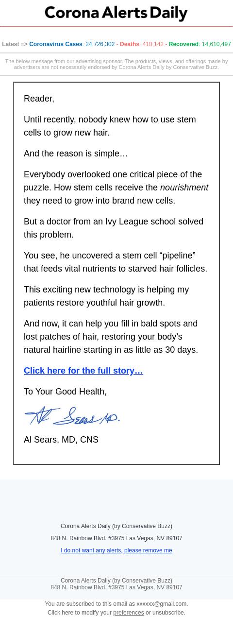 Screenshot of the email generated on import