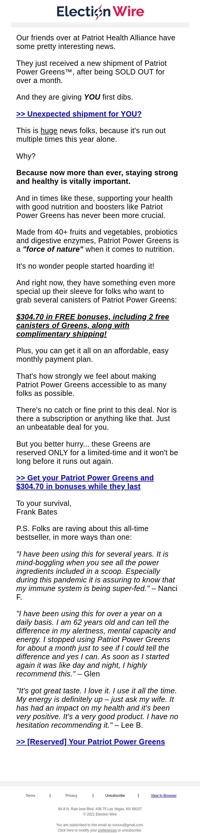 Screenshot of the email generated on import