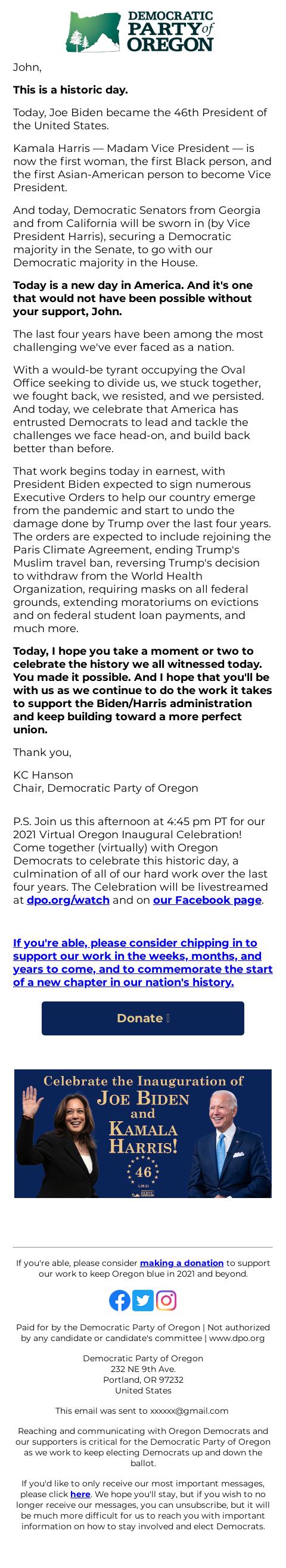 Screenshot of the email generated on import