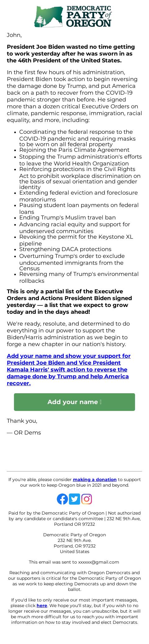 Screenshot of the email generated on import