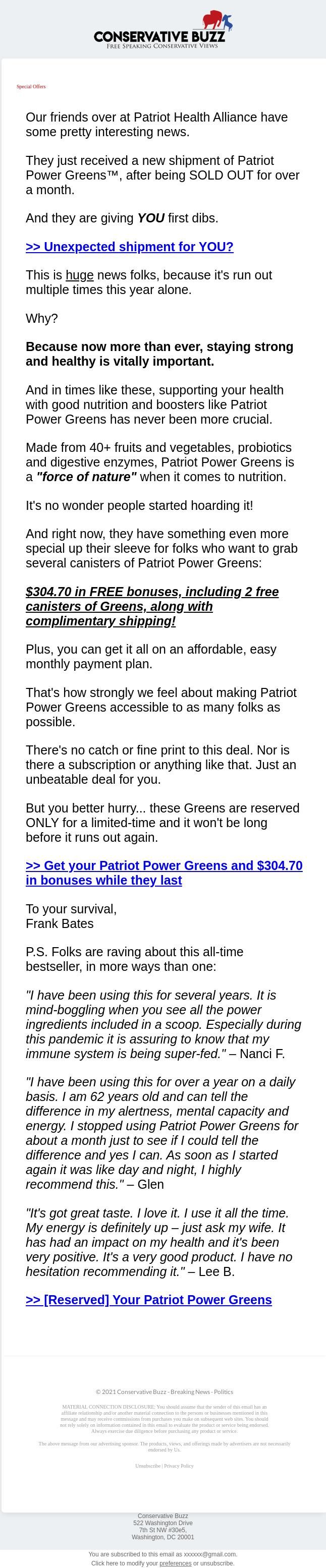 Screenshot of the email generated on import