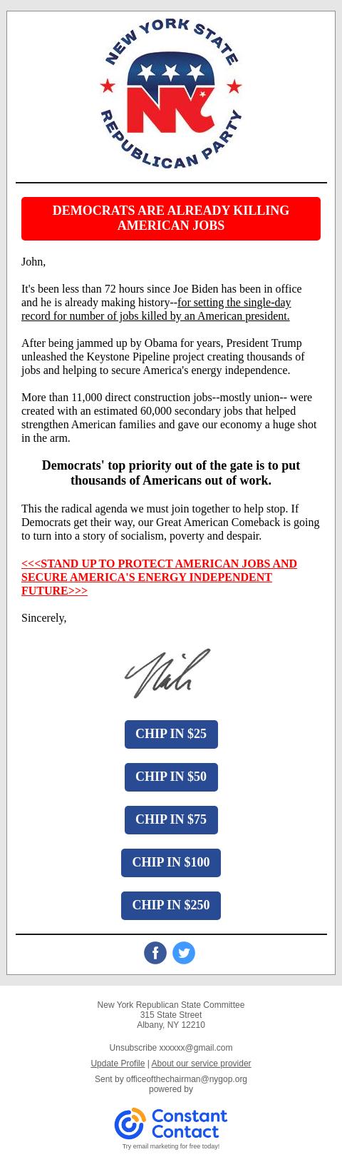 Screenshot of the email generated on import