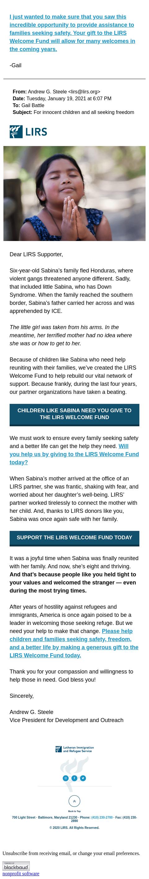 Screenshot of the email generated on import