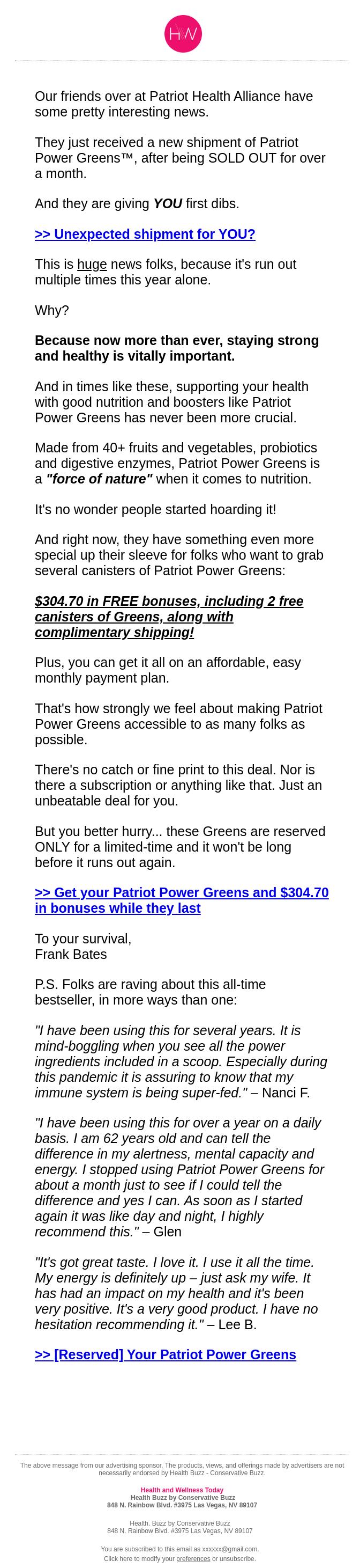 Screenshot of the email generated on import