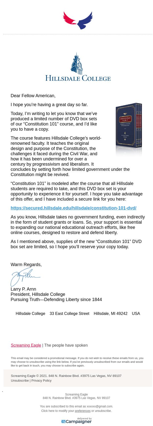 Screenshot of the email generated on import