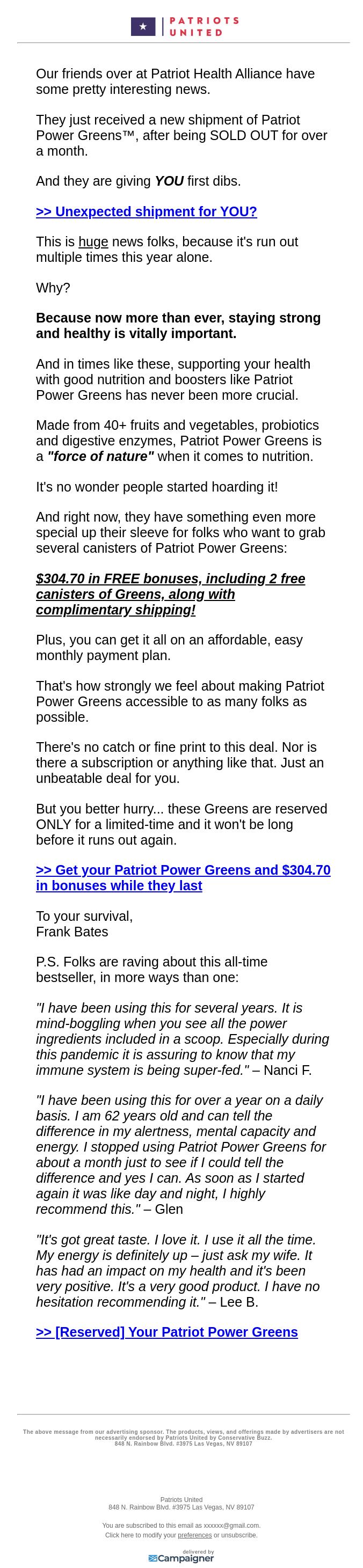 Screenshot of the email generated on import