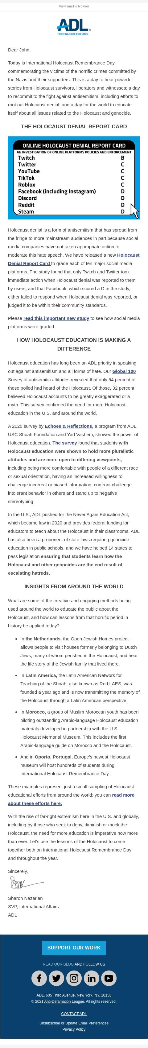 Screenshot of the email generated on import