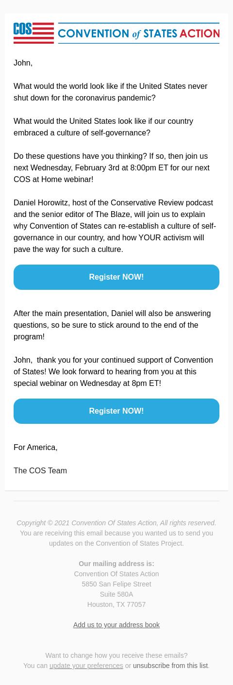 Screenshot of the email generated on import