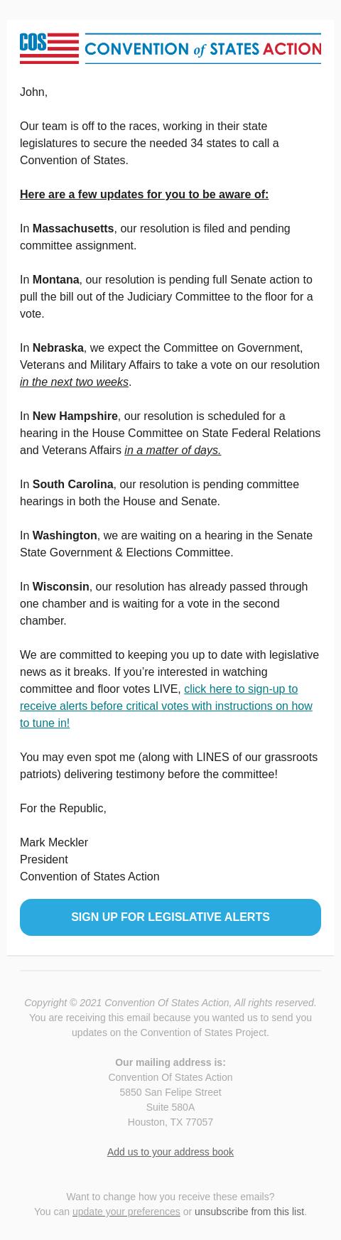 Screenshot of the email generated on import