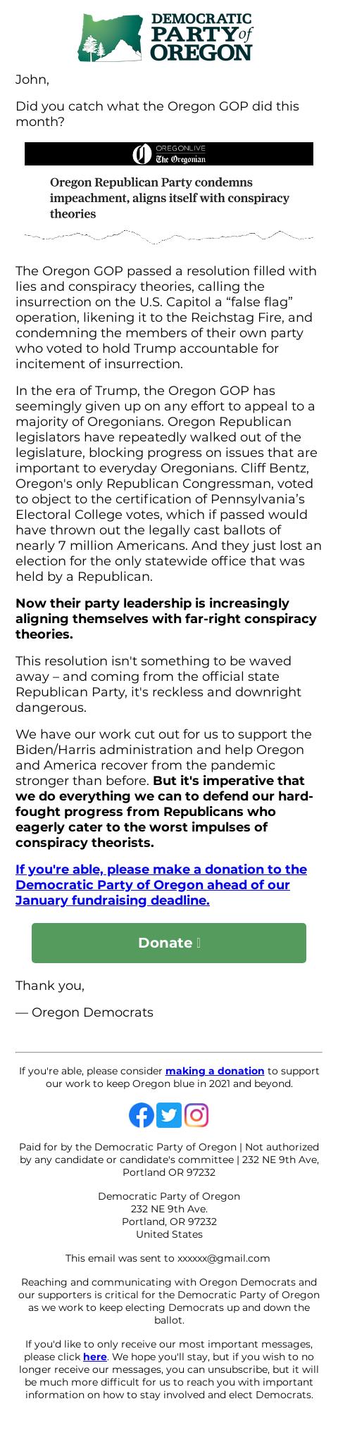Screenshot of the email generated on import