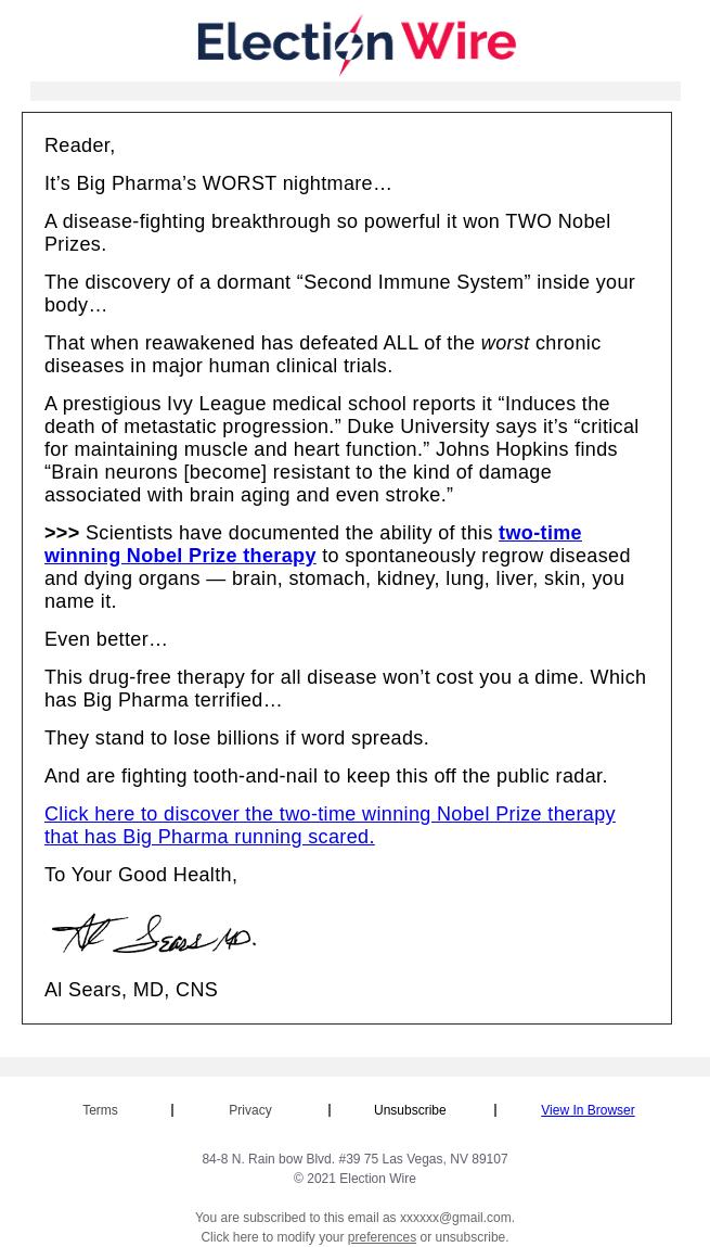 Screenshot of the email generated on import