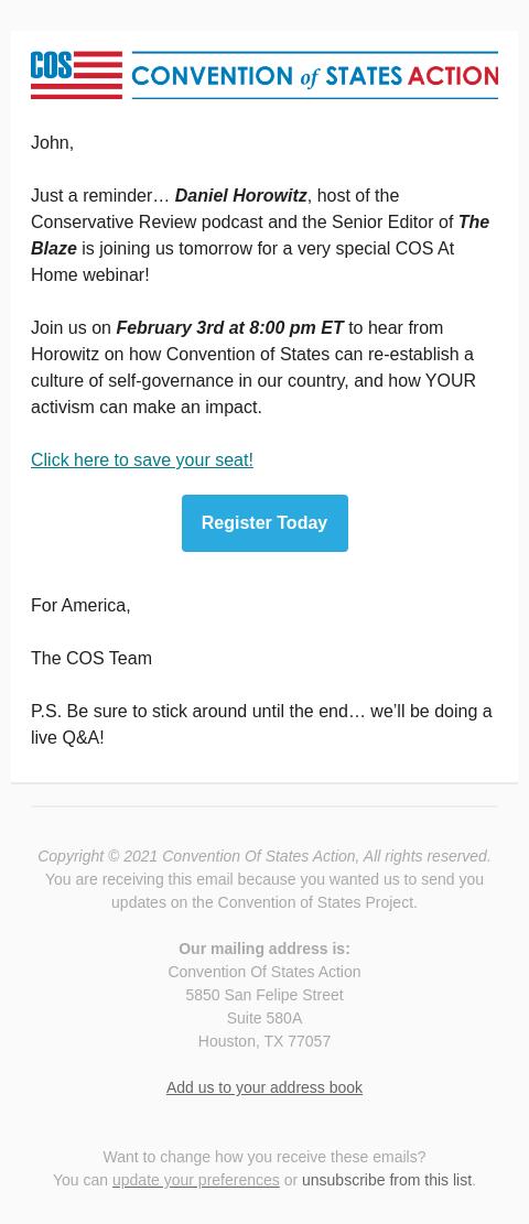 Screenshot of the email generated on import