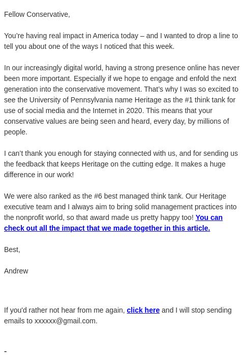 Screenshot of the email generated on import