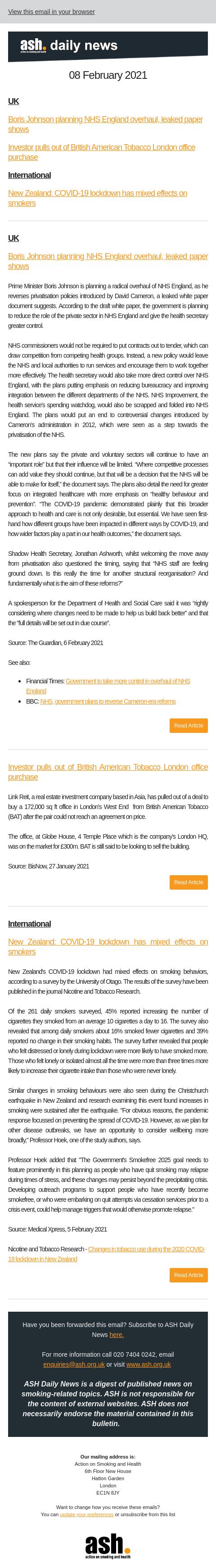 Screenshot of the email generated on import
