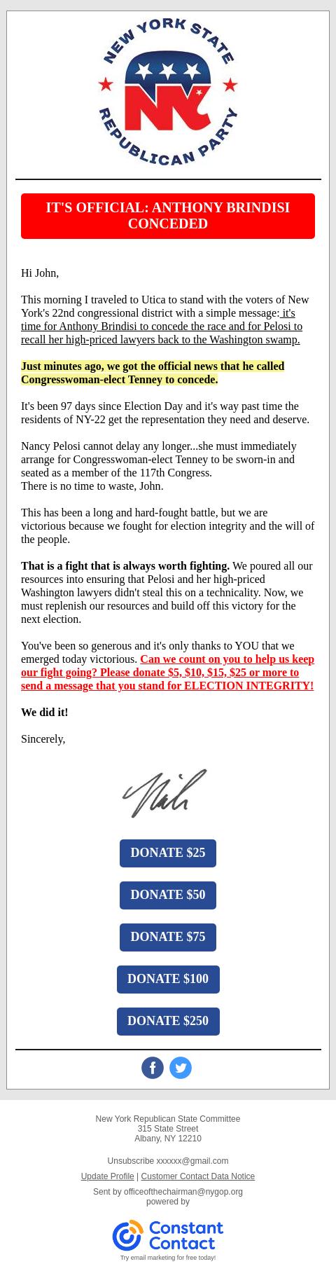 Screenshot of the email generated on import